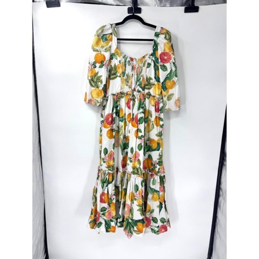 Cara Cara Citrus Print Blue Hill Midi Dress Square Neck Puff Sleeve Size‎ 12 - Picture 4 of 7